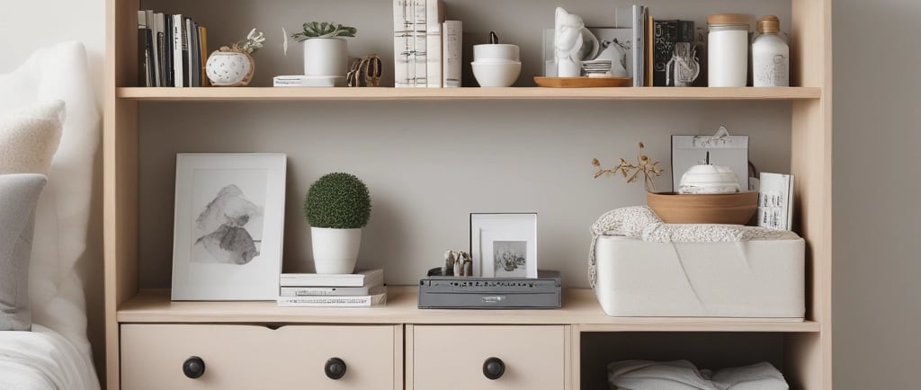 Minimalist light wood dresser with shelves featuring aesthetic home decor, plants, and organized baskets.