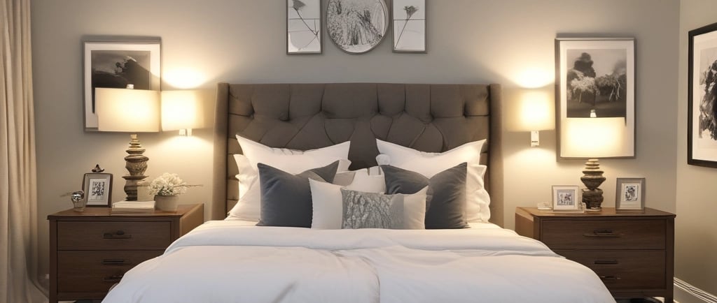 Elegant modern master bedroom featuring a tufted grey headboard, white bedding, and symmetrical nightstands.