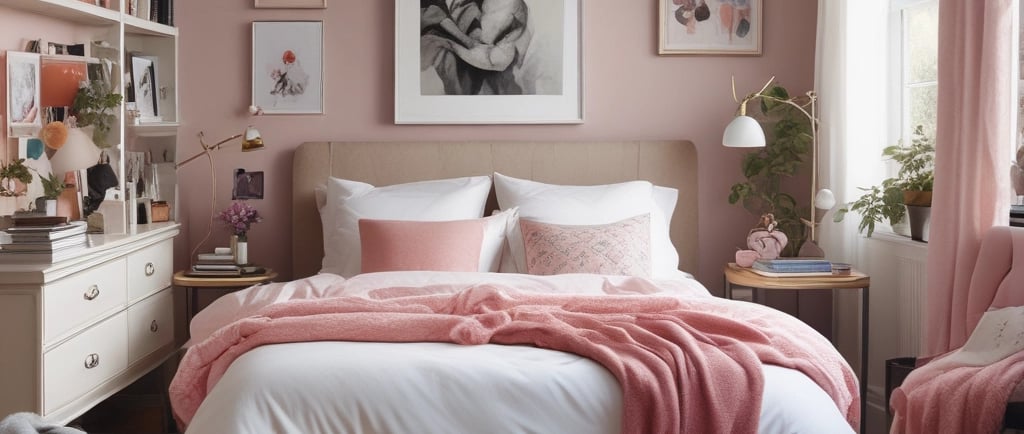 Chic pink bedroom interior featuring a plush bed, aesthetic wall art, and modern home decor.