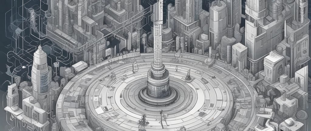 Isometric futuristic city blueprint showing sci-fi architecture and a central tower on a circuit board background.
