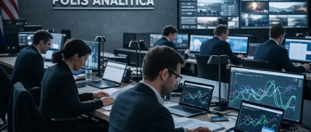 Data analysts in a high-tech cybersecurity operations center monitoring global intelligence on digital screens.
