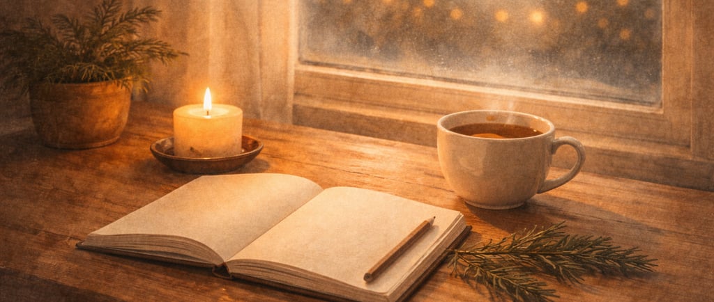 Cuaderno y taza de té junto a una ventana con luz suave