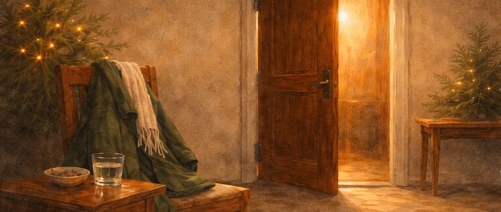 Silla ligeramente apartada de una mesa con luces cálidas