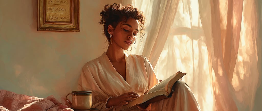 A woman with curly hair reading a book in bed with warm morning sunlight and a cup of coffee.