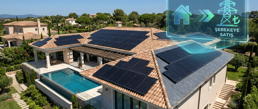 Meskenler için 25 kW çatı üstü güneş enerjisi sistemi kurulu lüks villa çatısı.