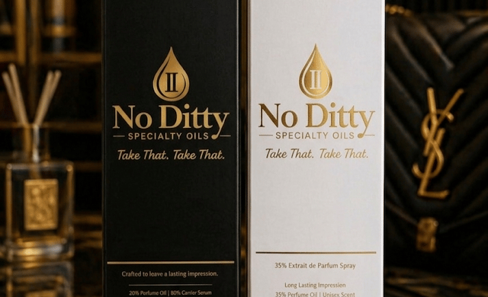 No Ditty 35% Extrait de Parfum spray alongside 25% Extrait/Parfum signature luxury gold-trimmed packaging.