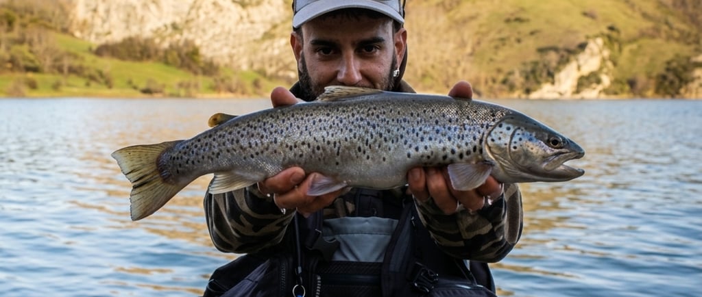 Pescador con gran trucha en el pantano del Porma en León