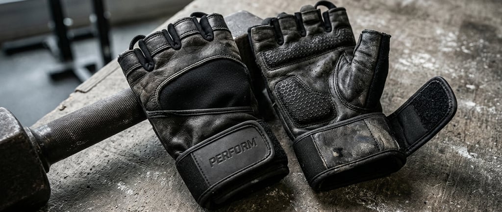 Close em par de luvas de musculação pretas com textura antiderrapante e wrist strap em academia