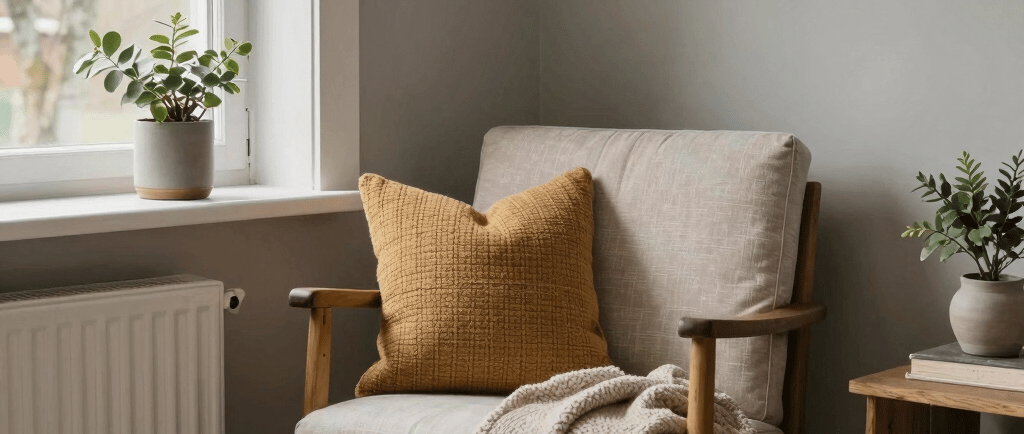 A serene Japandi-style living room with natural linen curtains, cream walls, and black accents.