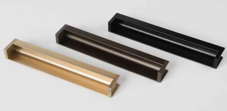 Modern flush mount cabinet handles in three finishes: gold, dark bronze, and matte black – sleek recessed drawer pulls for ki