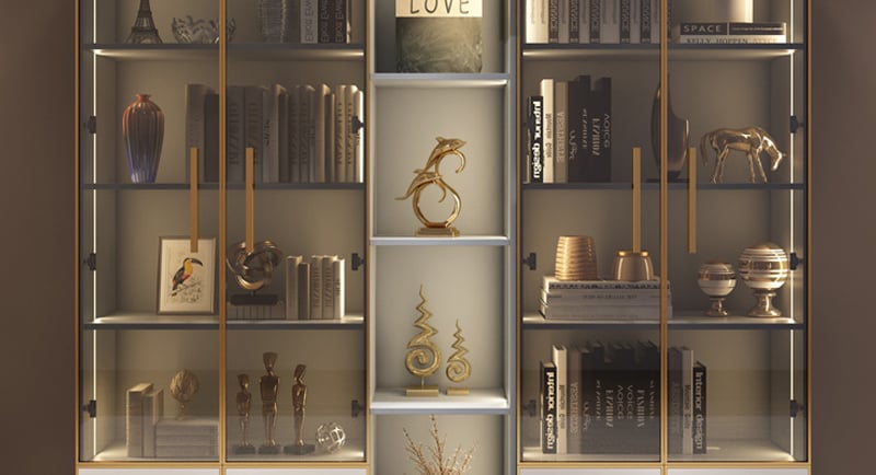 Modern glass display cabinet with gold trim and LED lighting – storage cabinet with glass doors, shelves, and drawers 