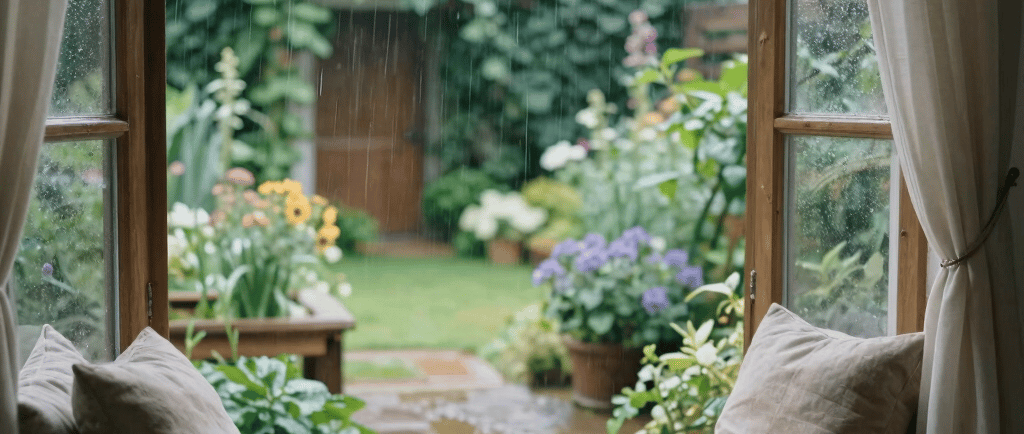 A cozy reading nook with a stack of novels and a steaming cup of tea by a window.