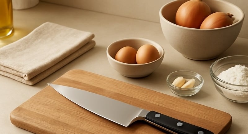 A chef's knife on a wooden cutting board with eggs, onions, garlic and flour arranged in bowls on a kitchen counter