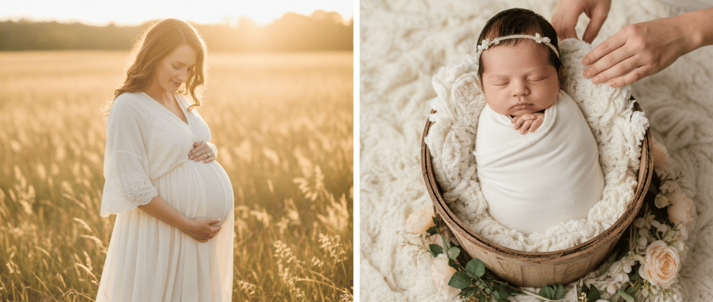 Professional family photography collage featuring maternity, newborn, and baby first birthday cake smash portraits.