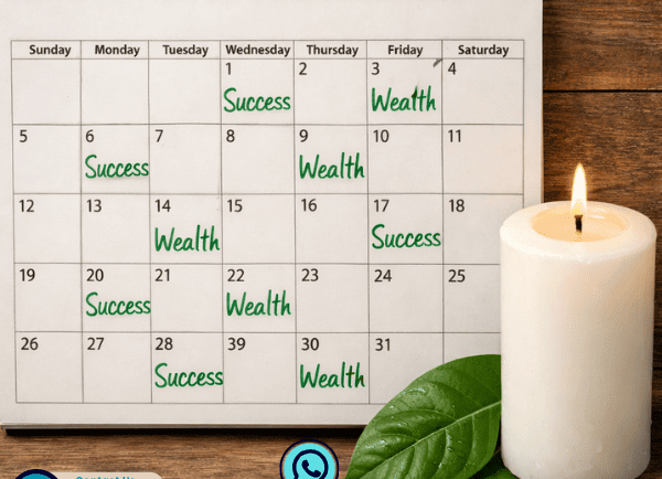 A calendar with 'Success' and 'Wealth' marked on various days, beside a lit candle and green leaves, symbolizing spiritual