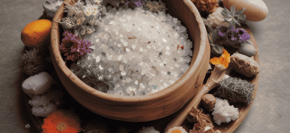 A wooden bowl filled with white ritual sea salt surrounded by dried flowers and herbs for spiritual cleansing.
