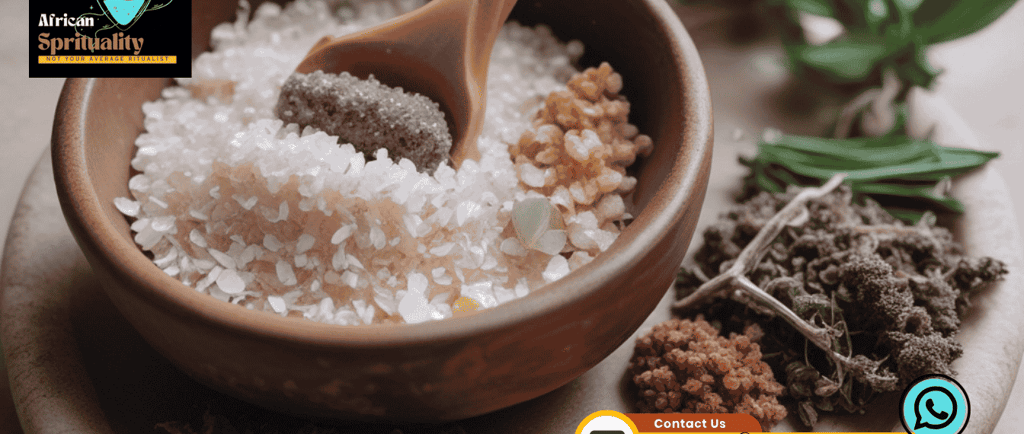 A wooden bowl filled with white ritual salts and herbs for African spiritual healing practices.