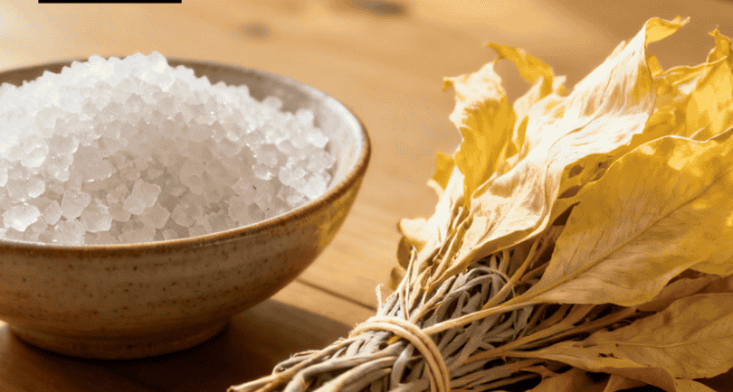 Natural sea salt in a ceramic bowl beside a bundle of dried sage for spiritual cleansing rituals.
