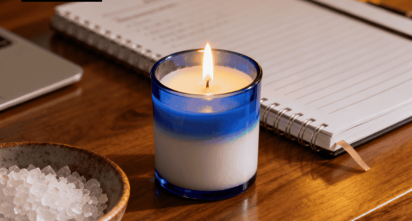 A blue and white lit prayer candle on a wooden desk with a spiral notebook and salt bowl.