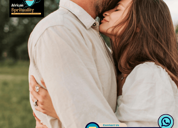 A romantic couple embracing in a field for African Spirituality love spells and relationship healing.