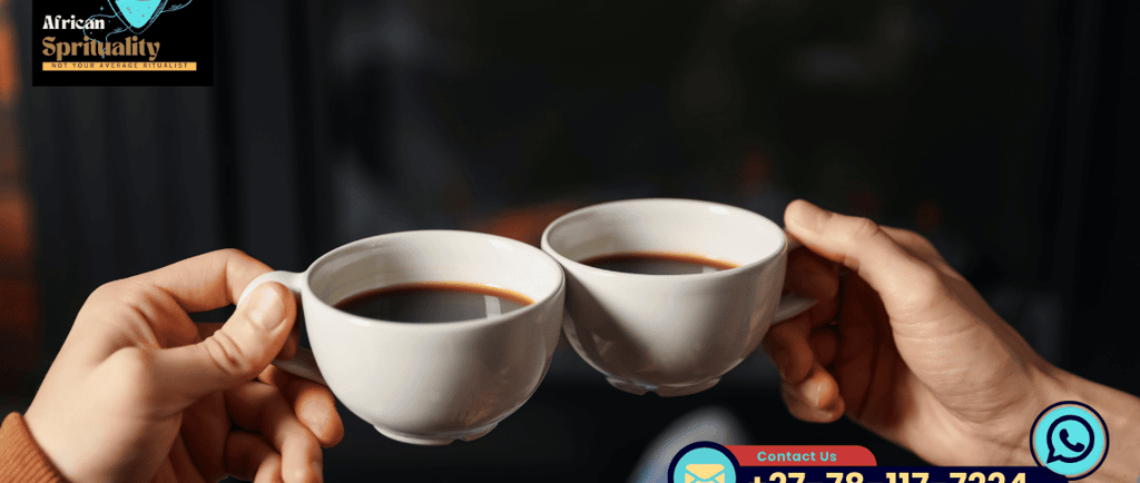 Two people holding white coffee cups in a toast by African Spirituality ritualist services.