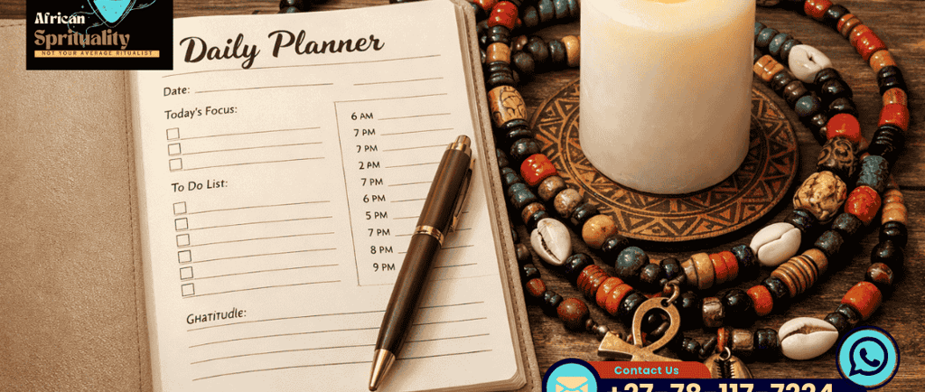 A daily planner with a pen, burning white candle, and African beaded necklace for spiritual ritual planning.