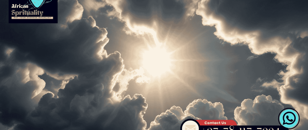 Bright sun shining through dark dramatic clouds for African Spirituality ritual services.