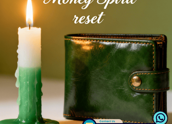 A money spirit reset ritual featuring a burning green and white candle next to a leather wallet.