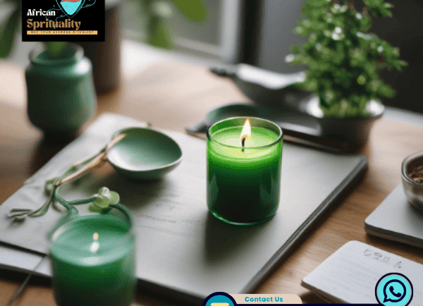 Green prayer candles for African spirituality rituals on a desk with contact information.