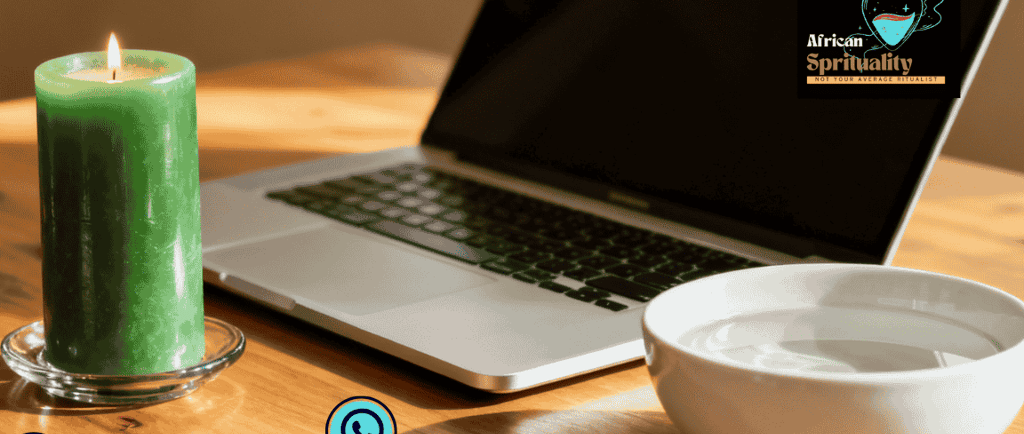 A lit green candle and bowl of water on a wooden desk next to a laptop for African spirituality rituals.