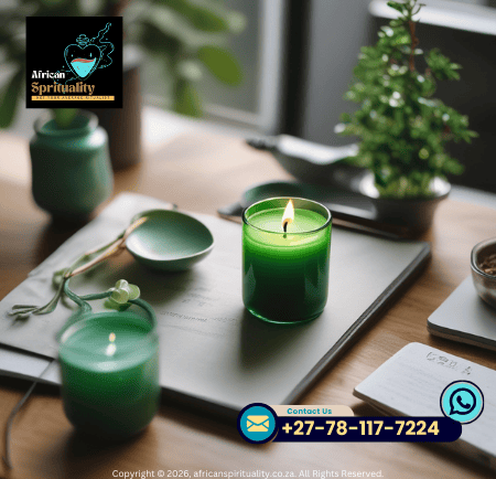 A lit green candle for African spirituality rituals on a desk with herbal plants and accessories.