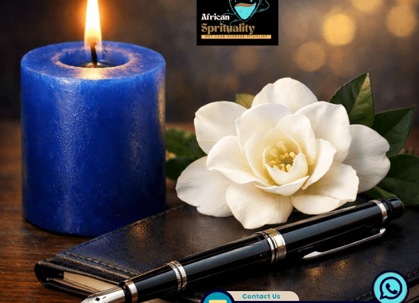 Blue ritual candle with a white flower and fountain pen on a journal for African spirituality.