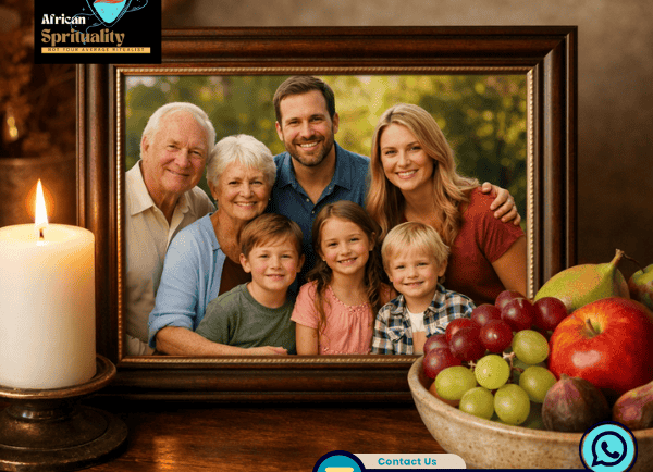 Framed happy family portrait next to a lit candle and fresh fruit for spiritual rituals.