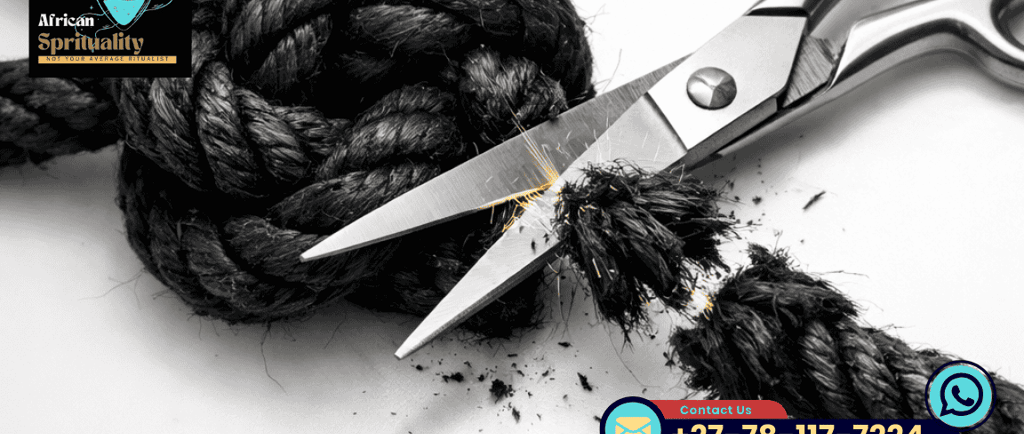 Sharp silver scissors cutting through a thick black knotted rope representing spiritual ritual and breaking ties.