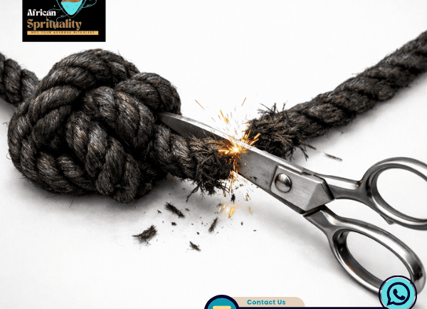 Sharp scissors cutting through a thick knotted rope for spiritual knot breaking and release rituals.