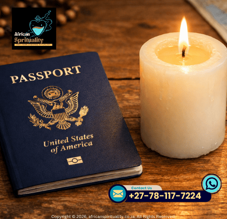 United States passport resting on a wooden surface next to a lit white prayer candle.