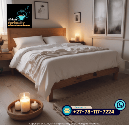 Cozy bedroom with a wooden bed frame and white linens featuring African Spirituality branding and contact info.