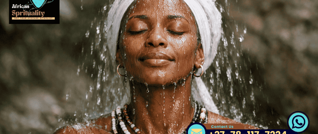 A woman experiencing an African spirituality spiritual cleansing ritual under a natural waterfall.