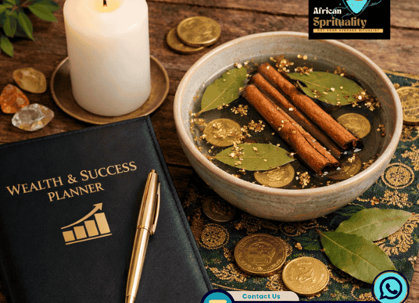A spiritual wealth and success ritual, with a planner, burning candle, coins, cinnamon sticks, and bay leaves in a bowl