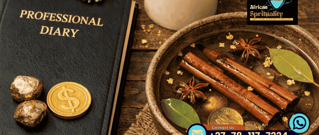 African spirituality money ritual with a professional diary, gold coins, and cinnamon sticks in water.
