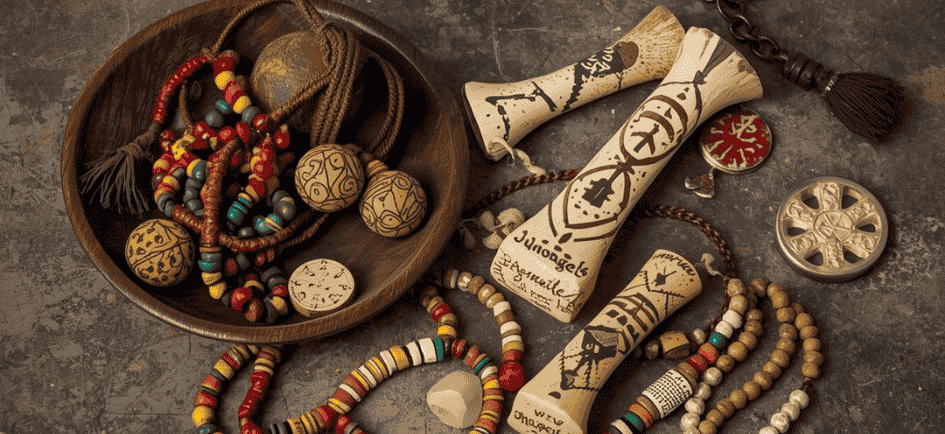 Collection of traditional African spirituality tools including bone diviners, beads, and ritual amulets.