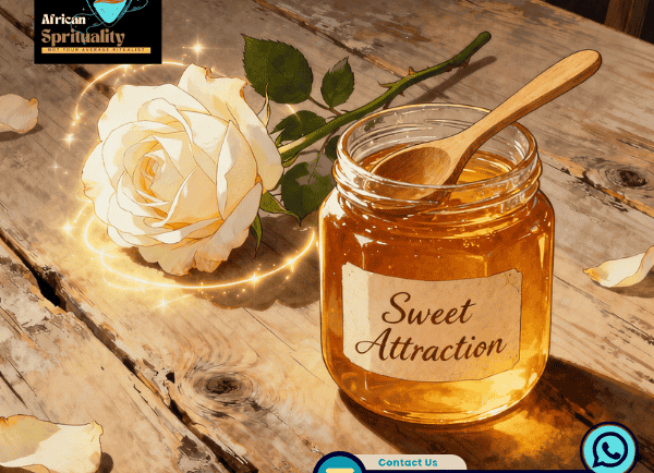 Sweet Attraction honey jar with a white rose on a wooden table for spiritual love rituals.