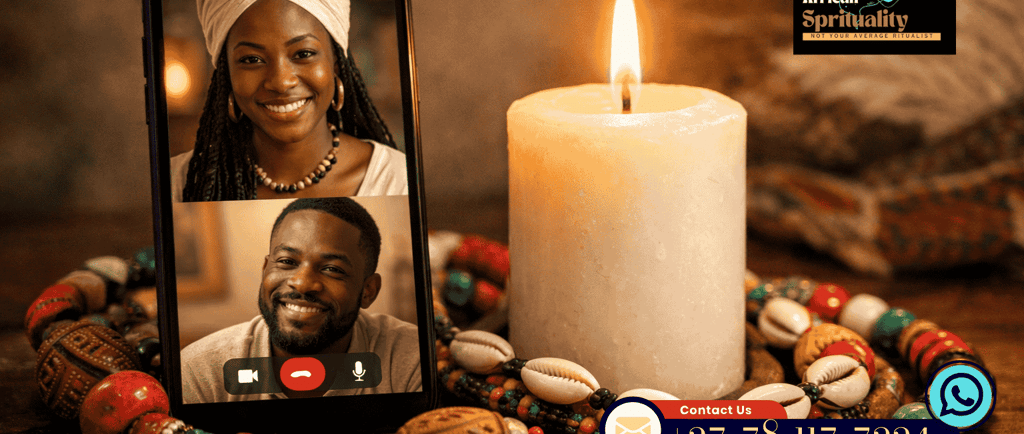 Online psychic reading via video call with spiritual beads and a lit candle.