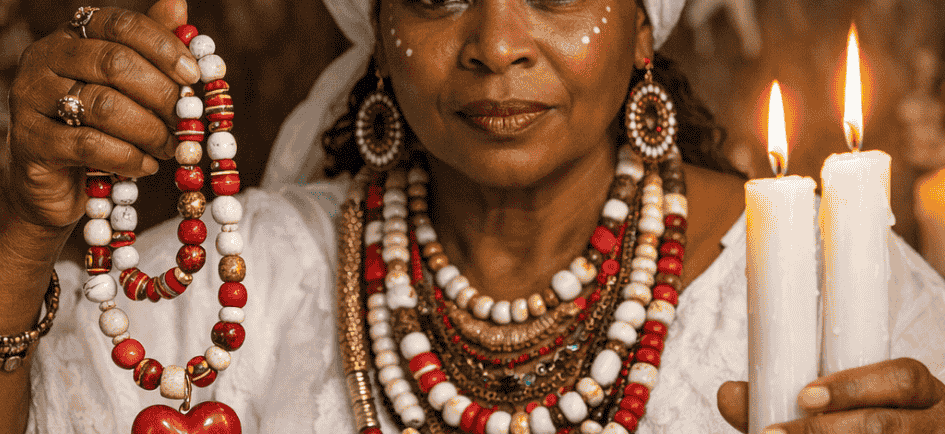 African spiritual healer holding traditional beads and burning white candles for spiritual cleansing and rituals.