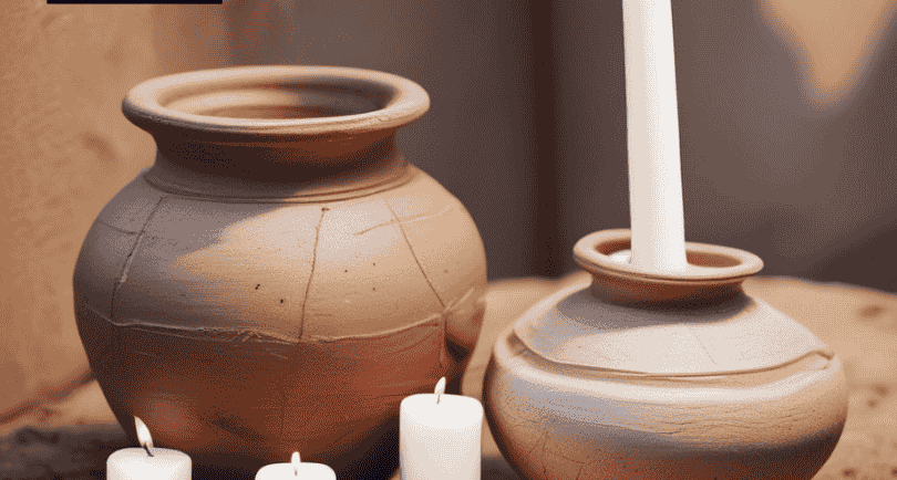 Traditional African spiritual pottery clay pots with lit white candles for ritual use.