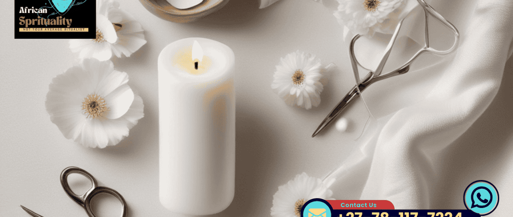 A glowing white candle surrounded by spiritual ritual items including scissors and flowers.