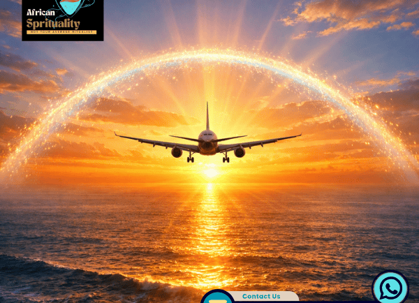 An airplane flies through a vibrant golden sunset over a calm ocean, with a rainbow arching over it, symbolizing travel and