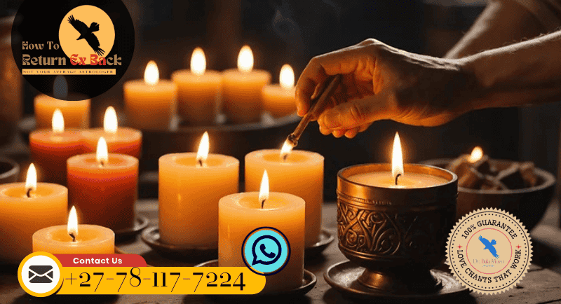A hand lighting yellow pillar candles for spiritual love spells and astrology rituals to return an ex partner.