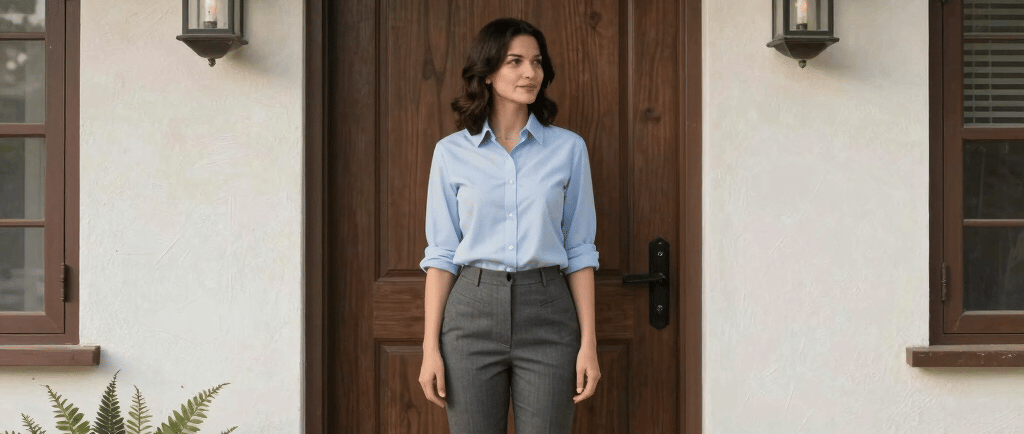 A professional female real estate agent standing in front of a modern house entrance with a wooden door.
