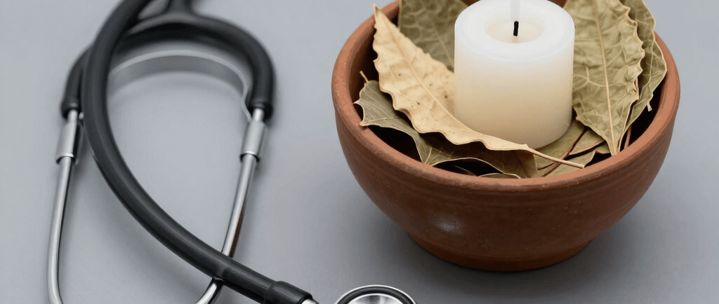 A black medical stethoscope next to a ceramic bowl with dried bay leaves and a white candle.